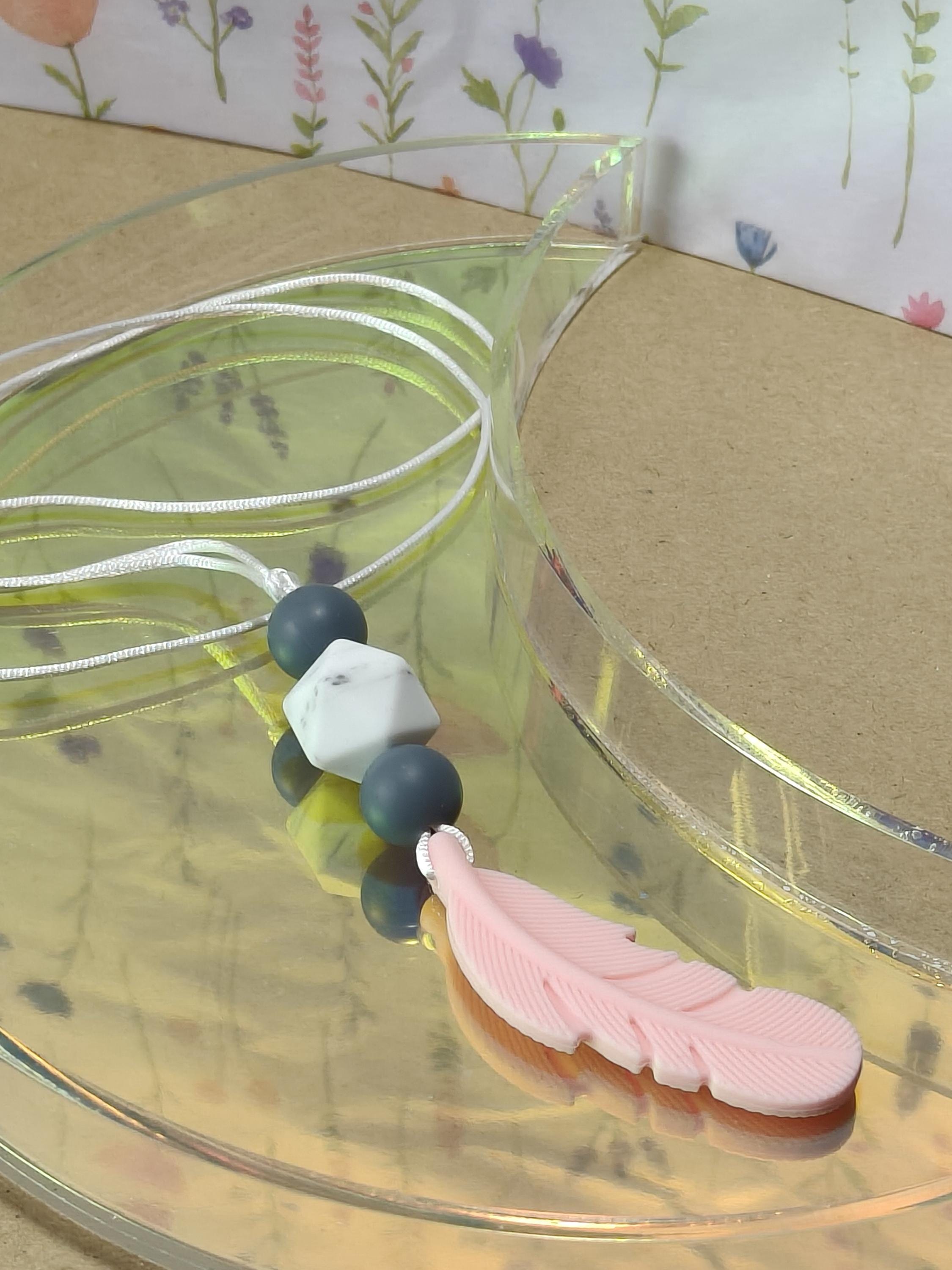 Handmade Silicone Beaded Necklace - Chewelry - Stim - Pink Feather