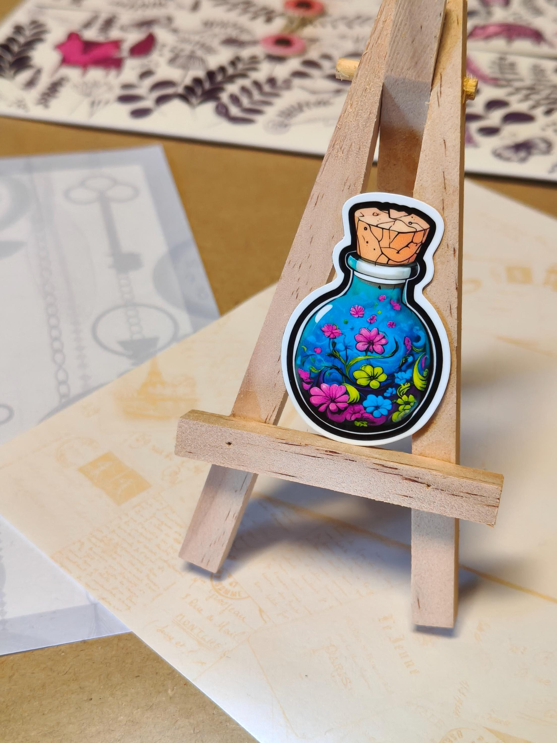 Vinyl Whimsical Sticker - Flower Potion - Matte Laminated Sticker - Handmade - Water resistant