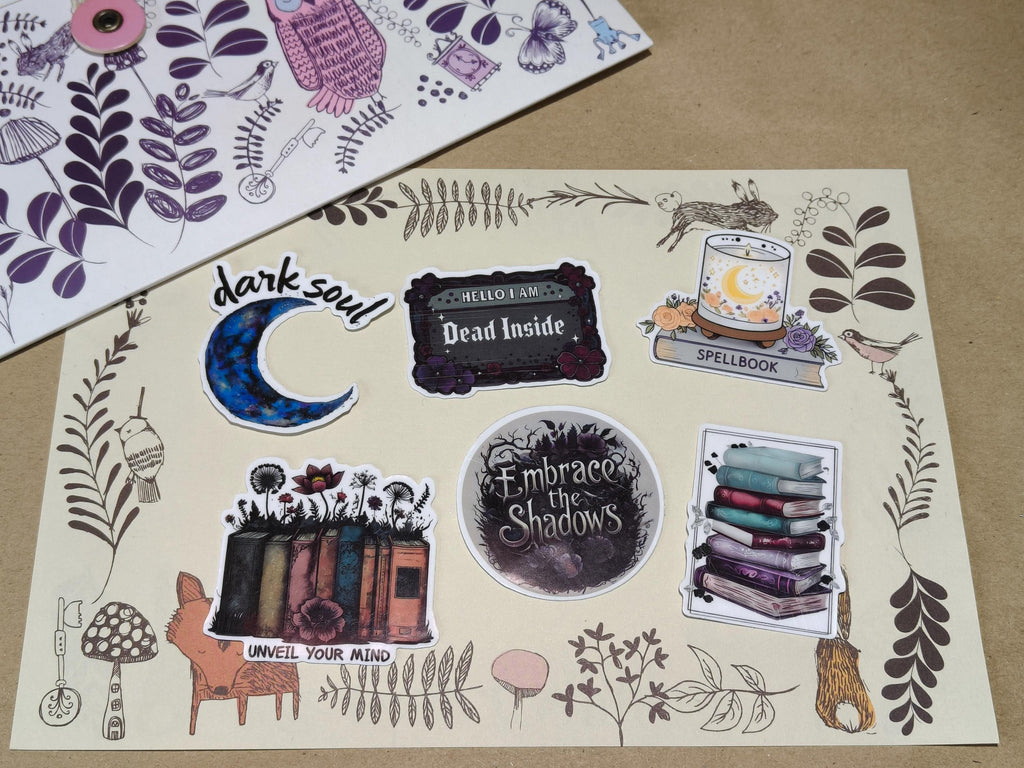 Vinyl Gothic Sticker Set - Dark bookish theme - Spells, candles, books, moon - Matte Laminated Stickers - Handmade - Water resistant