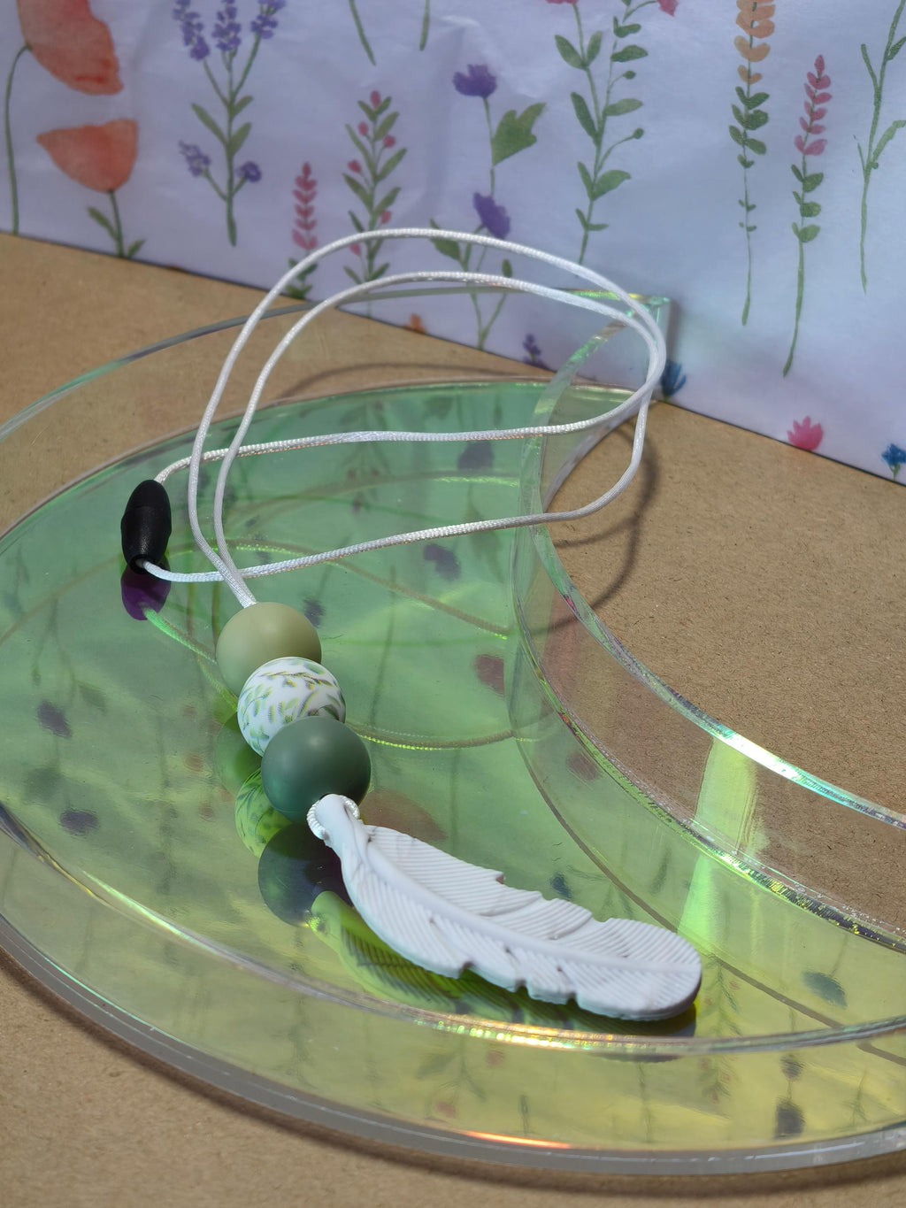 Handmade Silicone Beaded Necklace - Chewelry - Stim - White Feather