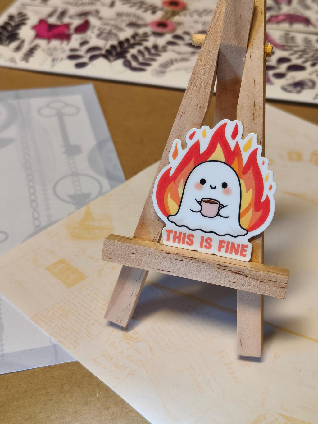 Vinyl Whimsical Sticker - Burning Ghost - This is fine fire - Matte Laminated Sticker - Handmade - Water resistant