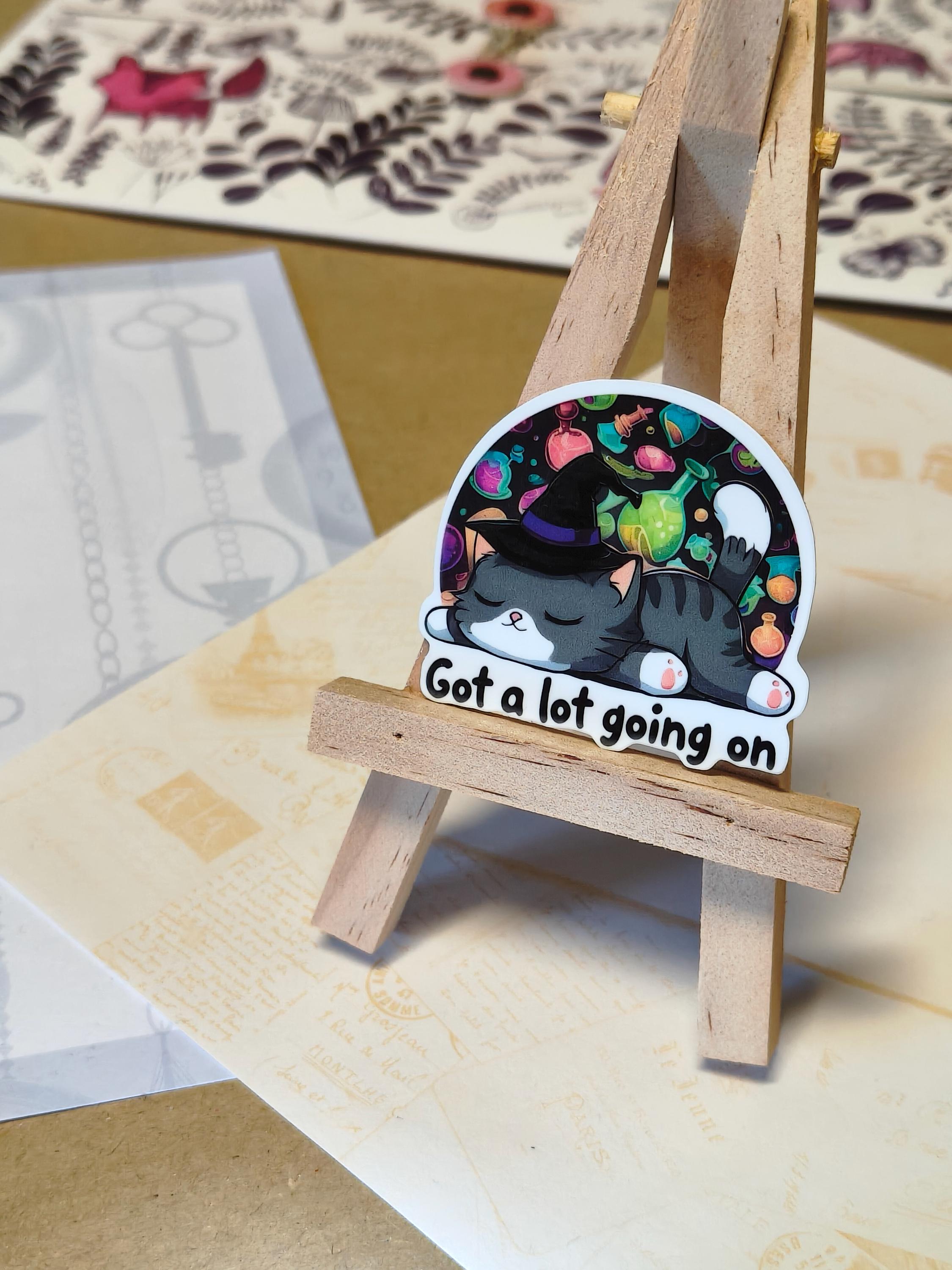 Vinyl Gothic Sticker - Busy Cat - Cat sleeping with potions - Matte Laminated Sticker - Handmade - Water resistant