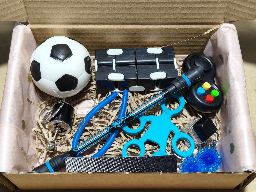 Fidget Box - Dark - Adult/older children fidget toys - Darker sporty theme - 11 pieces