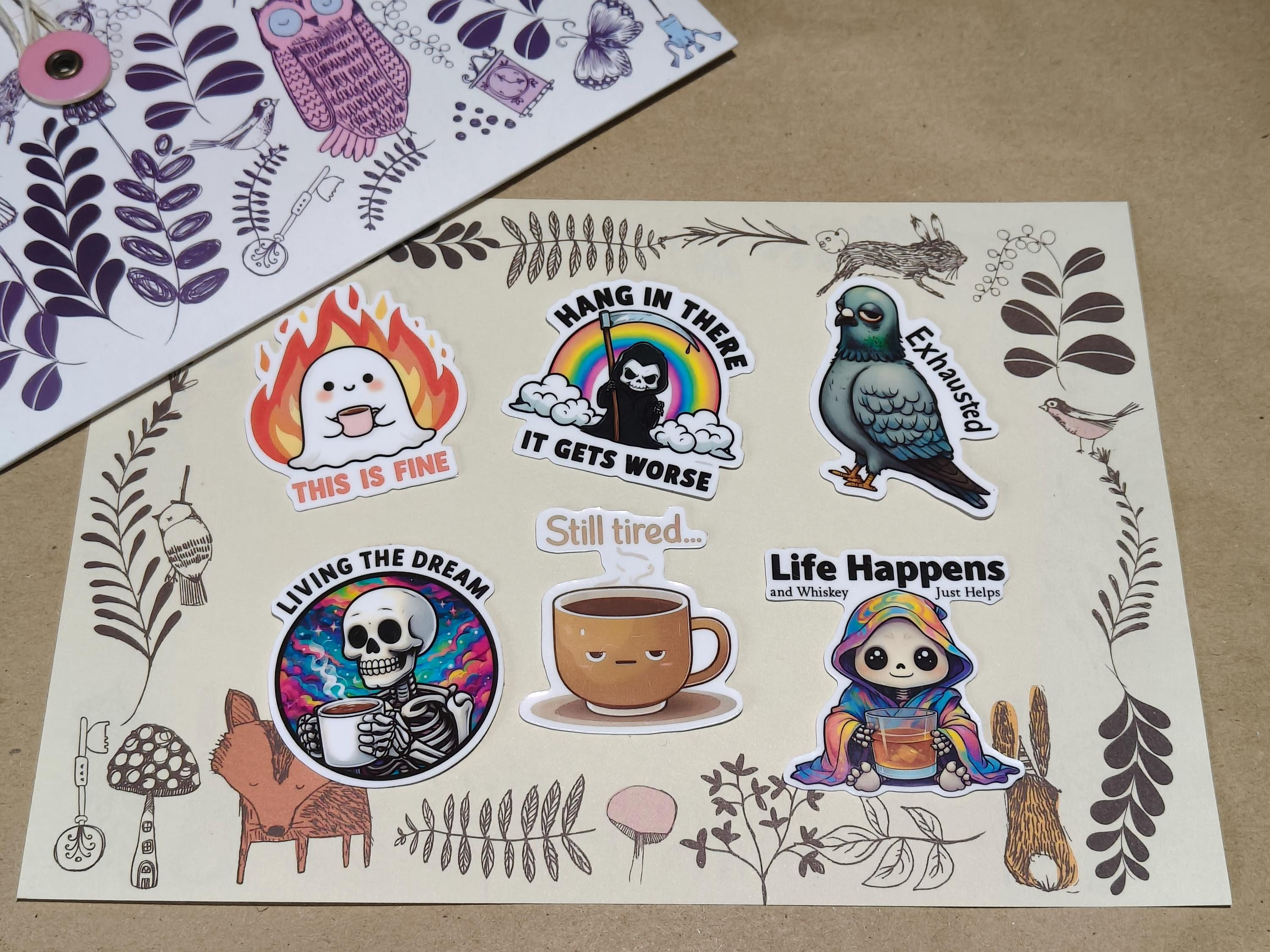 Vinyl Colourful Sticker Set - Hard Life - Tired, skeleton, coffee - Matte Laminated Stickers - Handmade - Water resistant