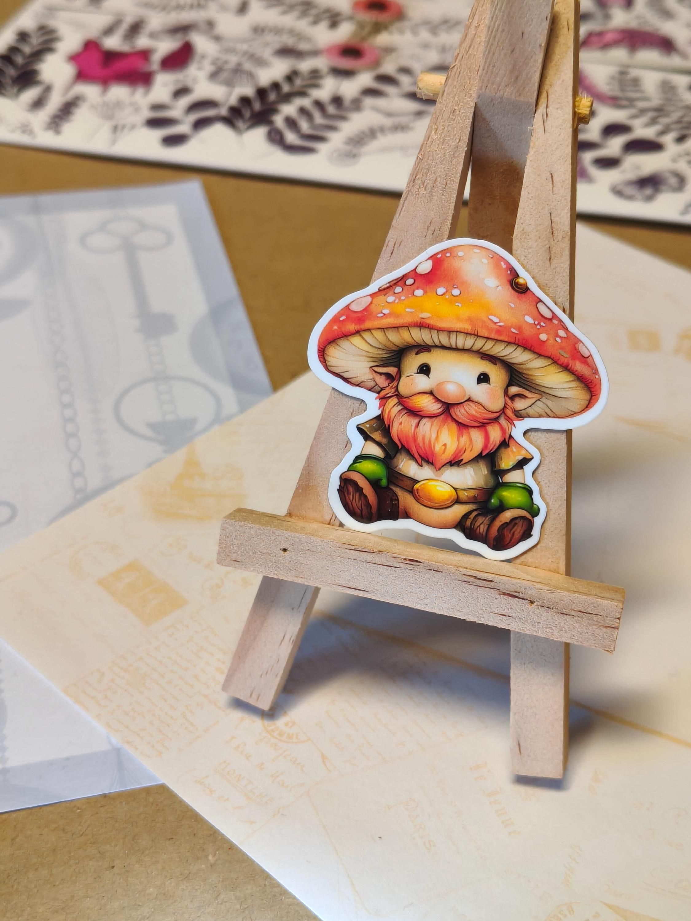 Vinyl Whimsical Sticker - Mushroom Gnome - Cute cottagecore - Matte Laminated Sticker - Handmade - Water resistant