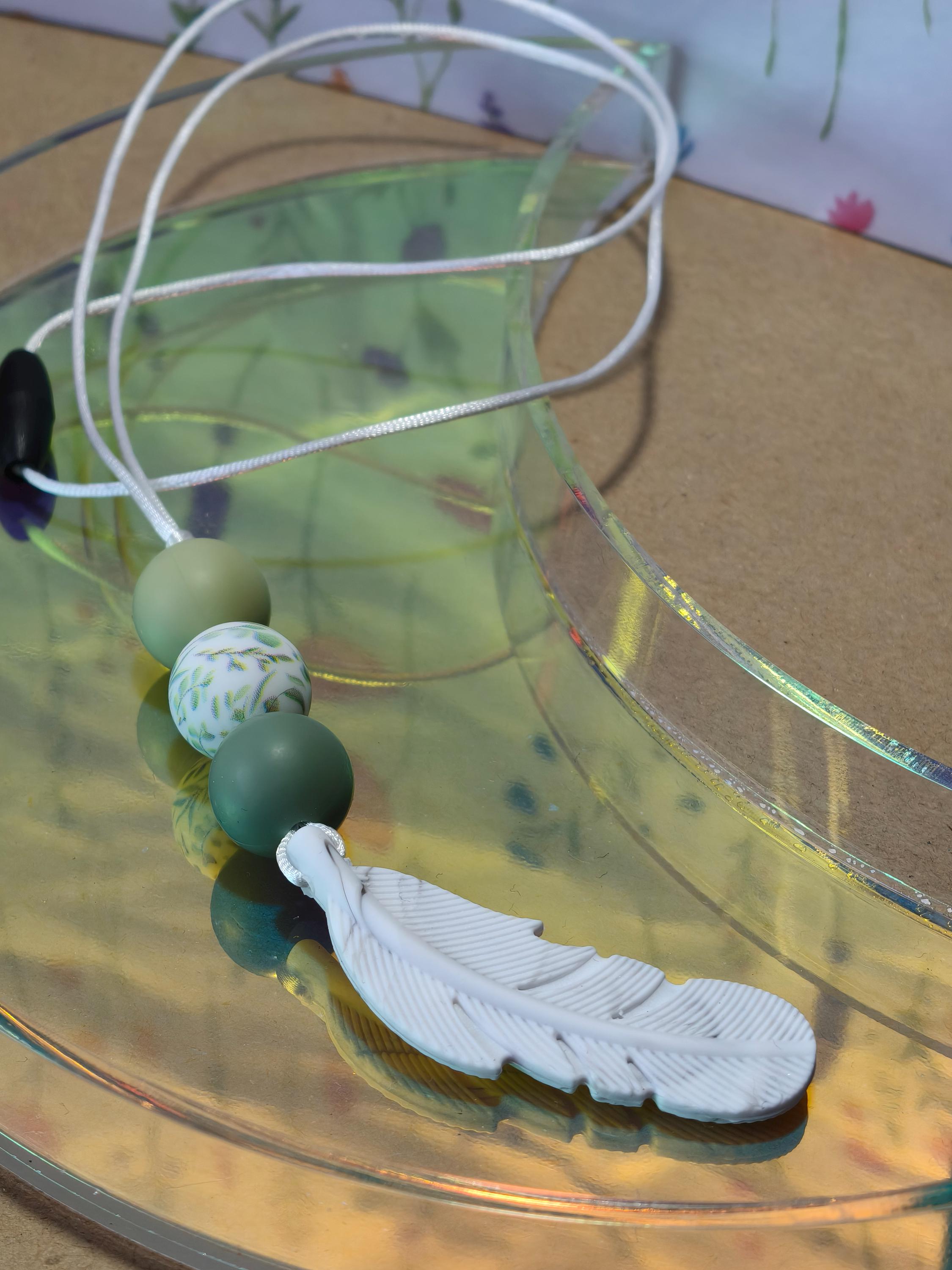 Handmade Silicone Beaded Necklace - Chewelry - Stim - White Feather