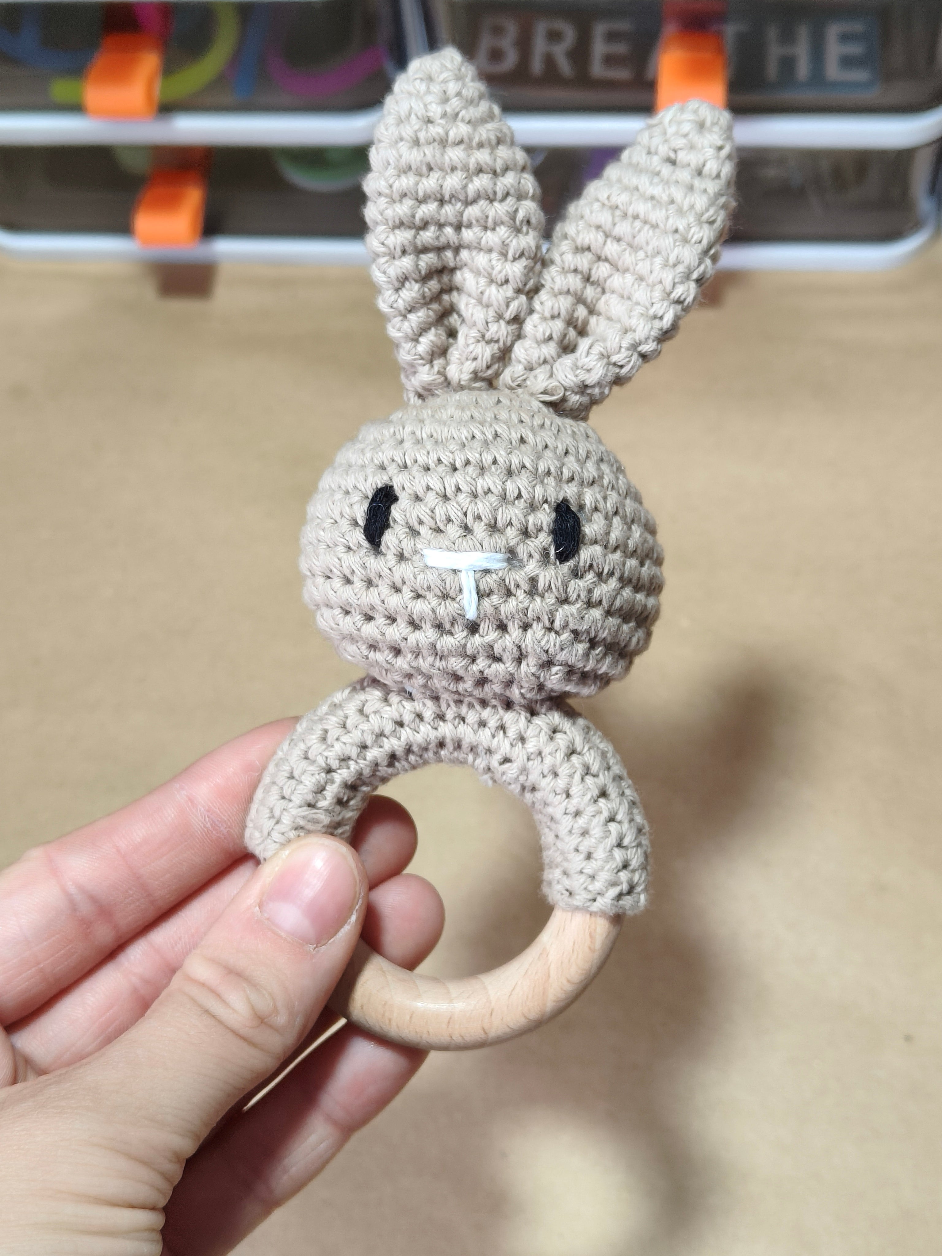 Bunny Crochet Rattle - Neutral - Wooden