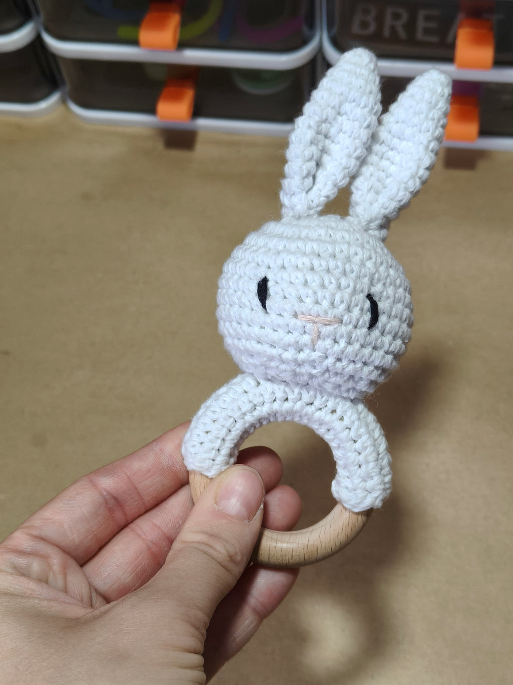 Bunny Crochet Rattle - Neutral - Wooden