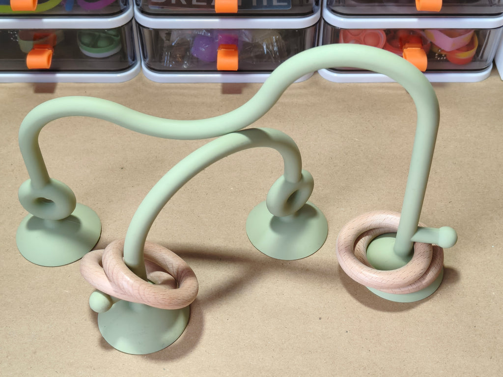 Baby Tabletop Rings Game - Silicone and Wood - Suction Highchair Mount