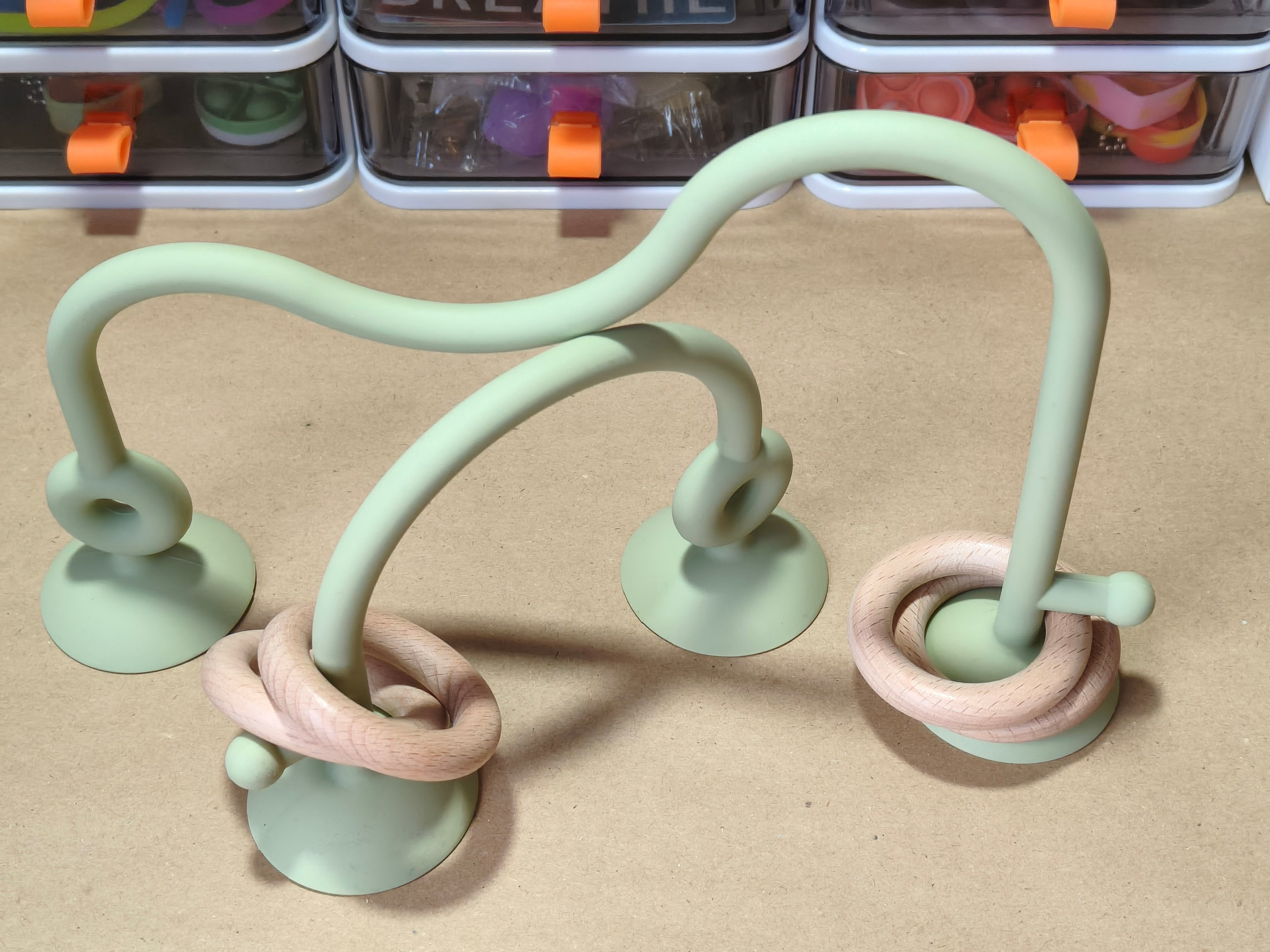 Baby Tabletop Rings Game - Silicone and Wood - Suction Highchair Mount