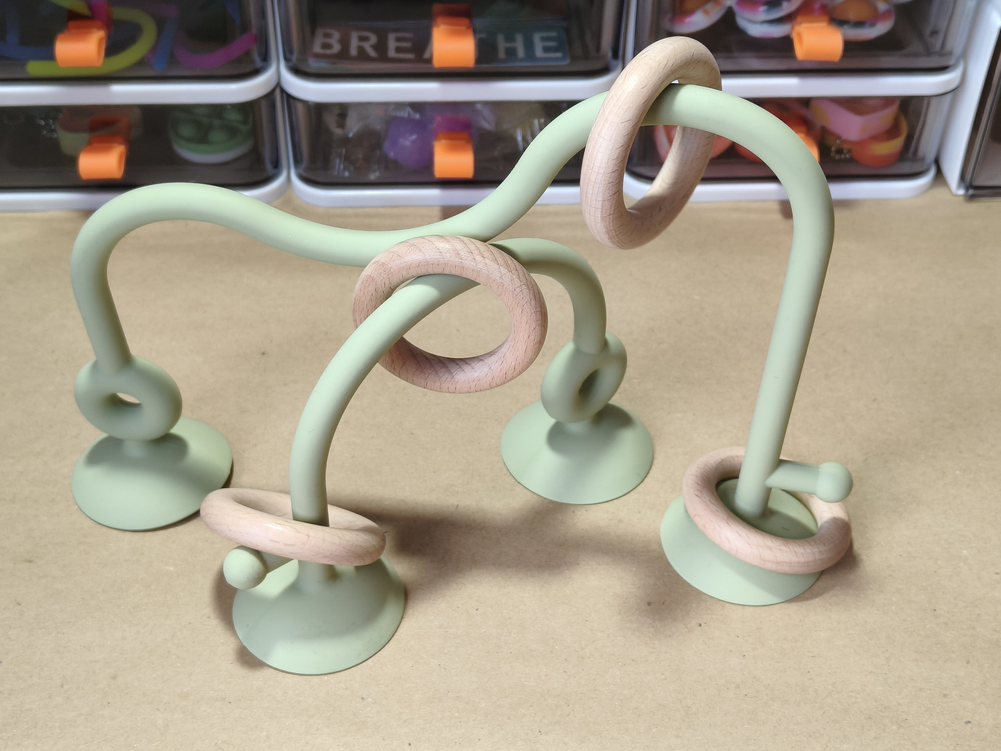 Baby Tabletop Rings Game - Silicone and Wood - Suction Highchair Mount