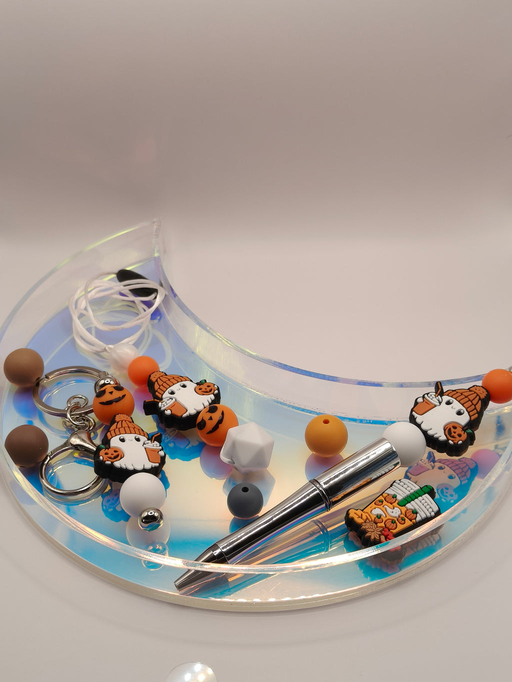 Handmade Silicone Beaded Chewelry Giftset - Necklace, Pen, Keychain - Stim - Coffee Ghost