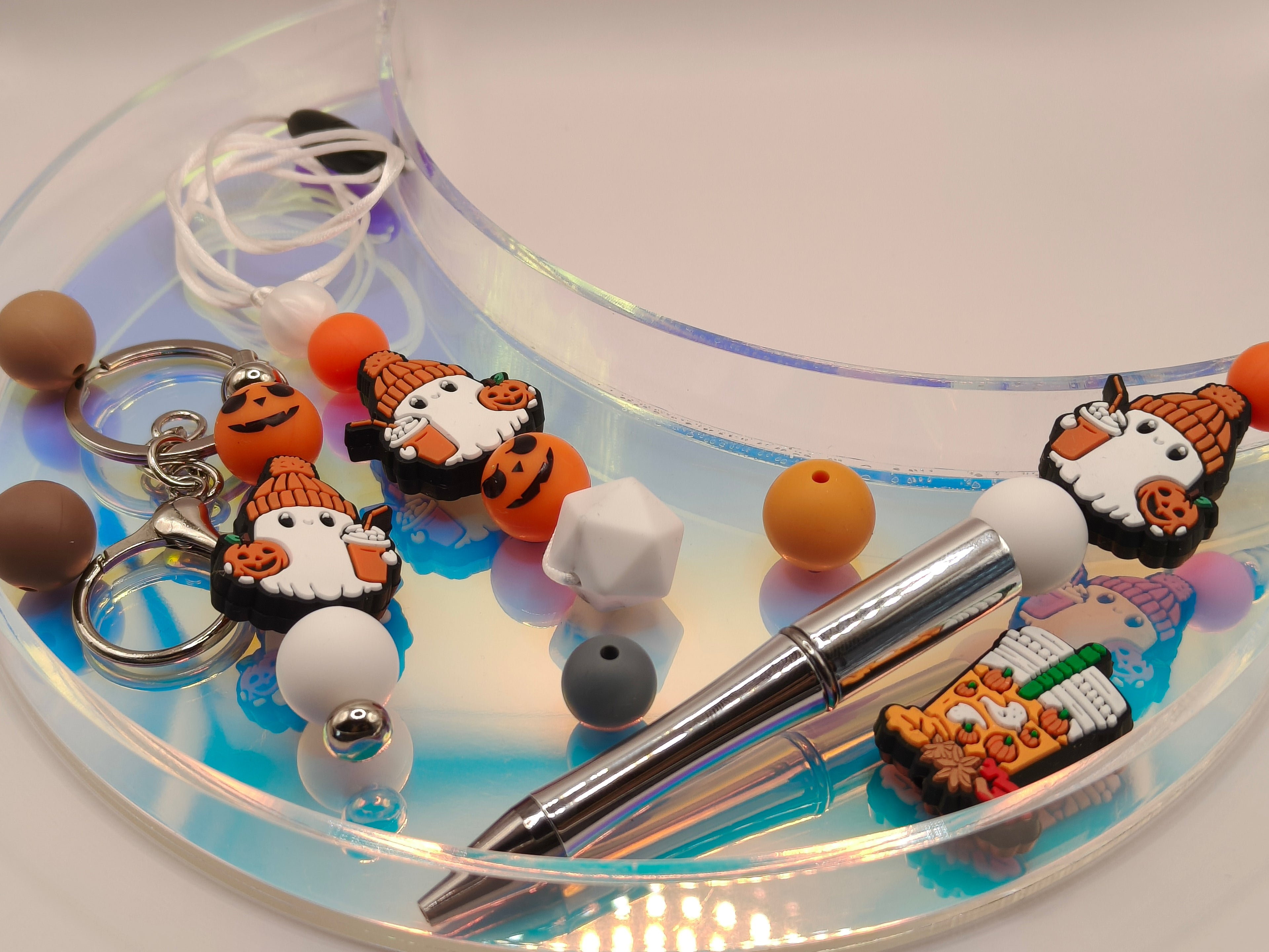 Handmade Silicone Beaded Chewelry Giftset - Necklace, Pen, Keychain - Stim - Coffee Ghost