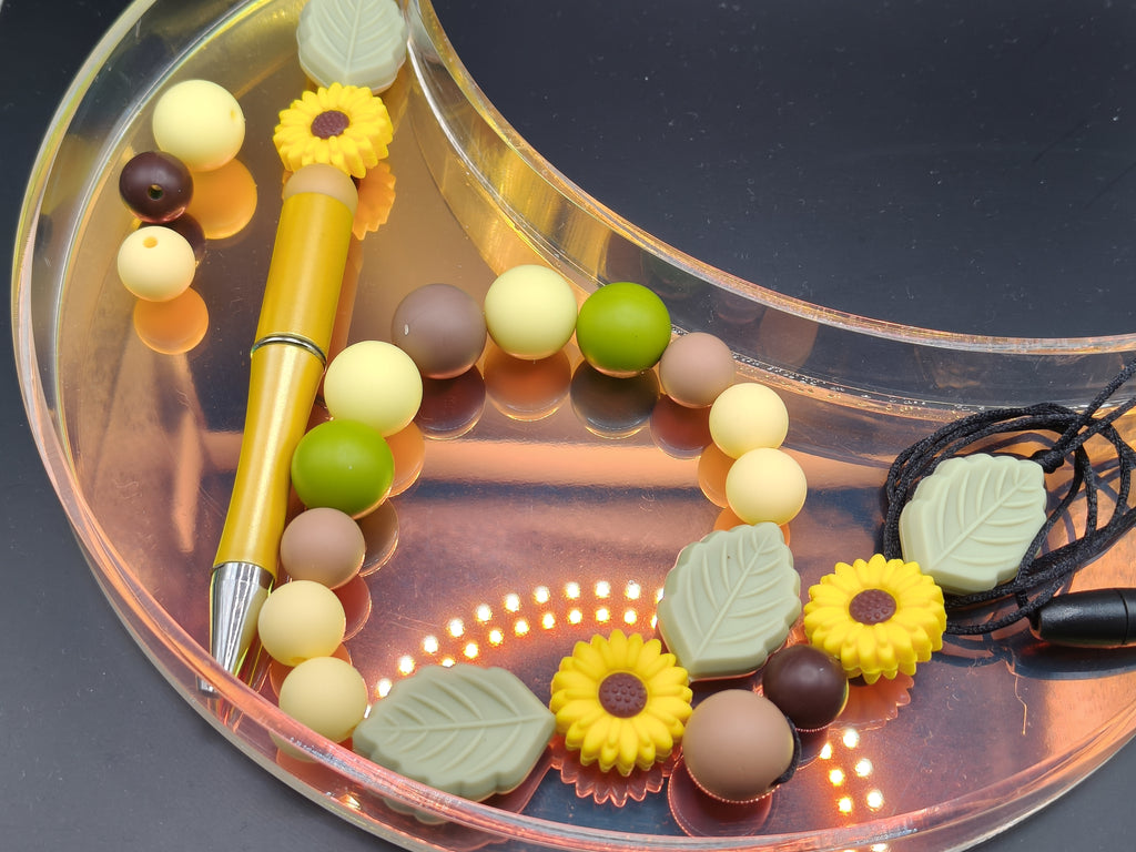 Handmade Silicone Beaded Chewelry Giftset - Necklace, Pen, Wristlet - Stim - Sunflower