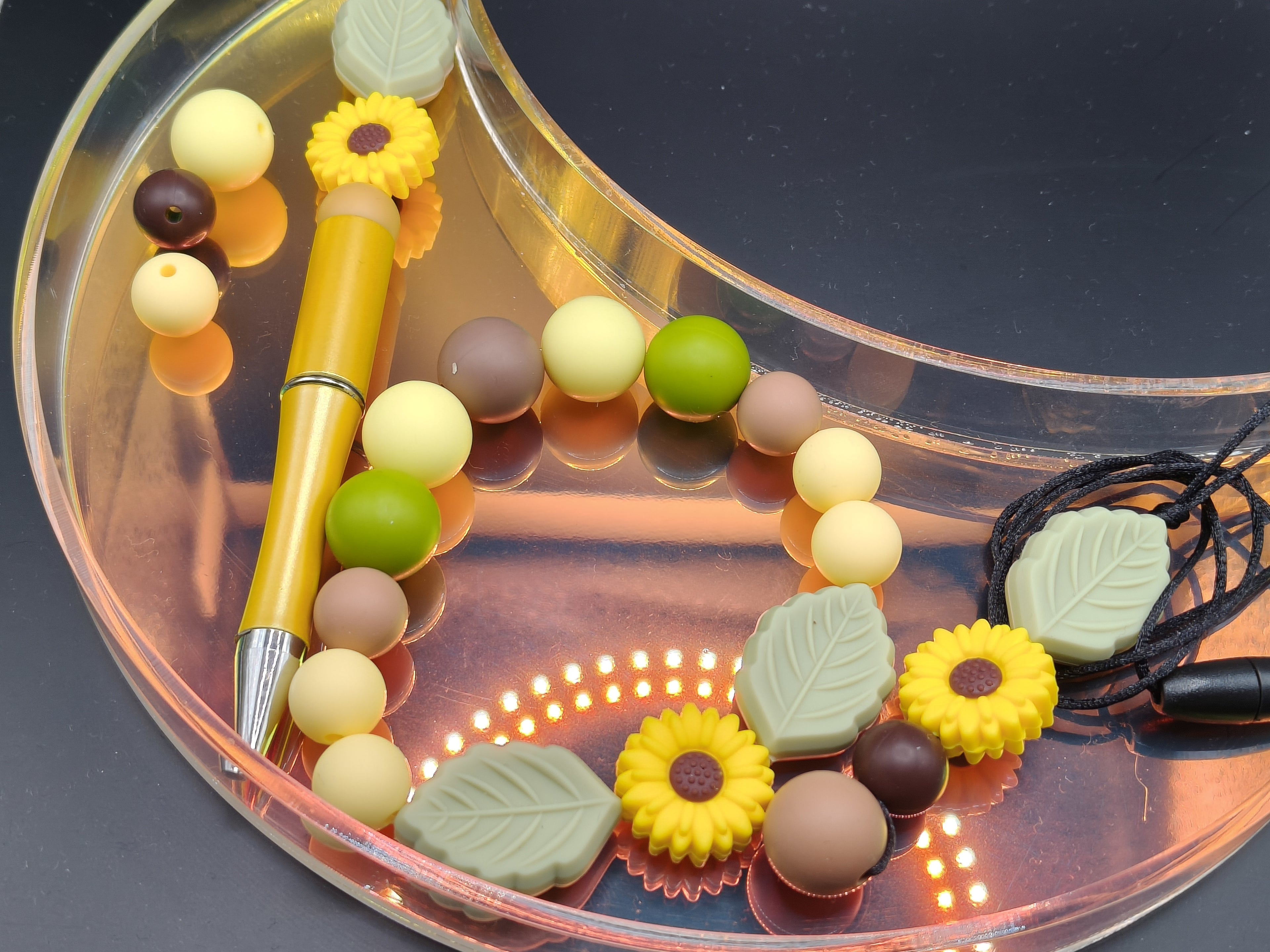 Handmade Silicone Beaded Chewelry Giftset - Necklace, Pen, Wristlet - Stim - Sunflower