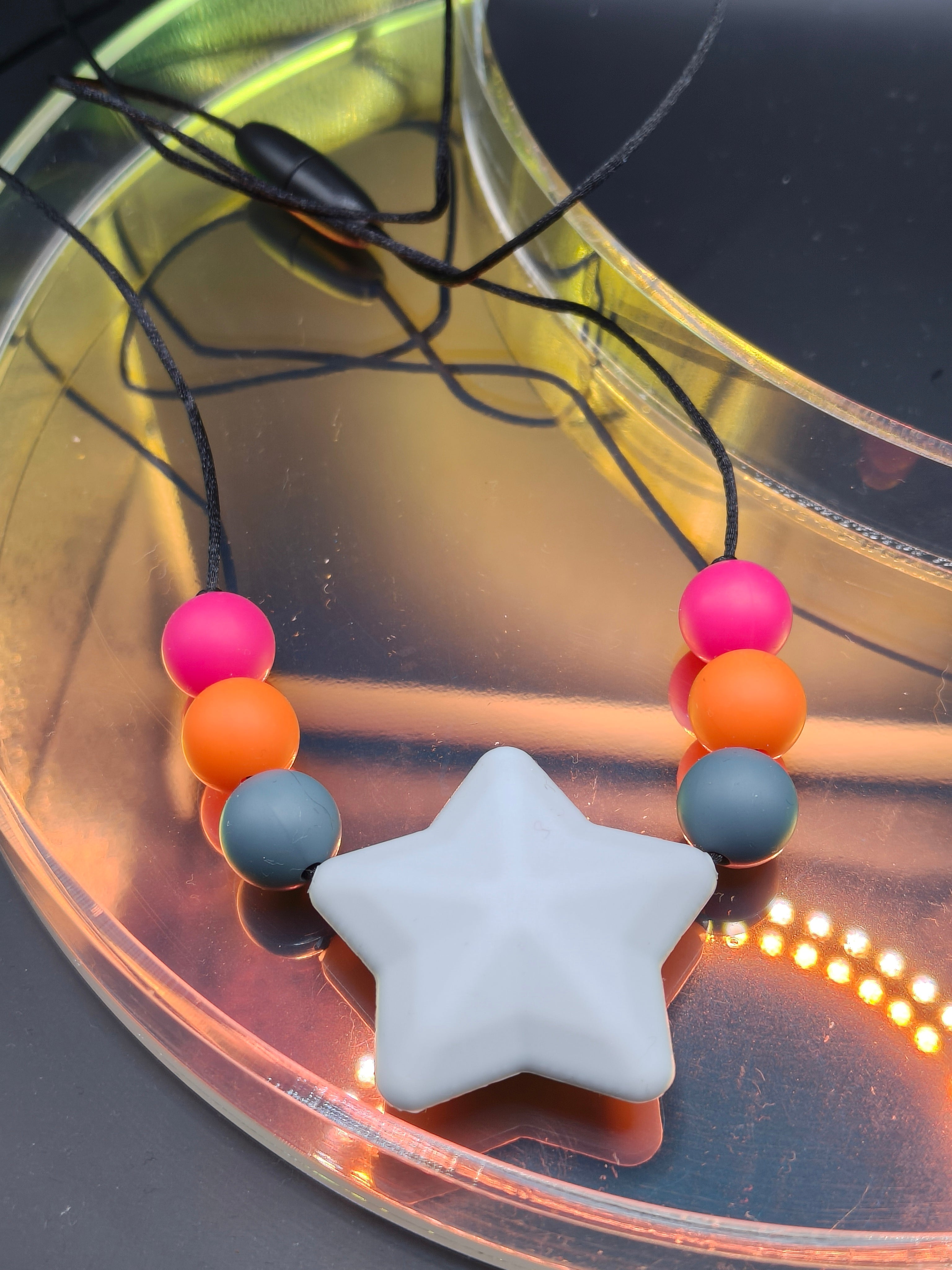 Handmade Silicone Beaded Necklace - Chewelry - Stim - Large Star Pink