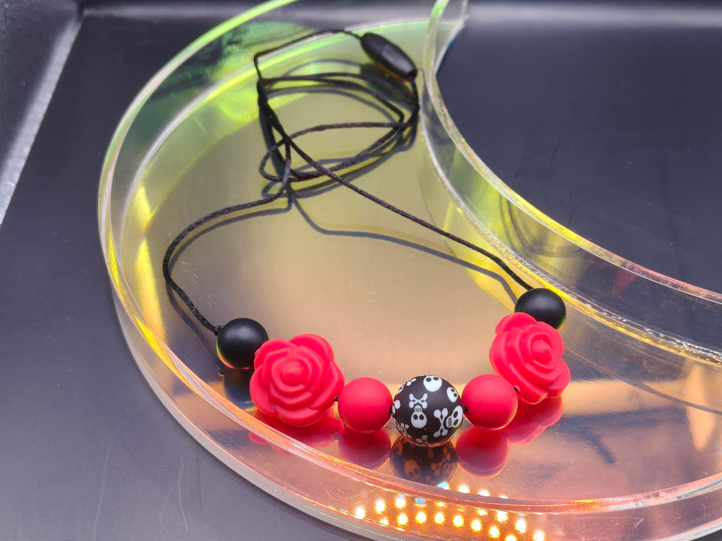 Handmade Silicone Beaded Necklace - Chewelry -Red Rose Flower