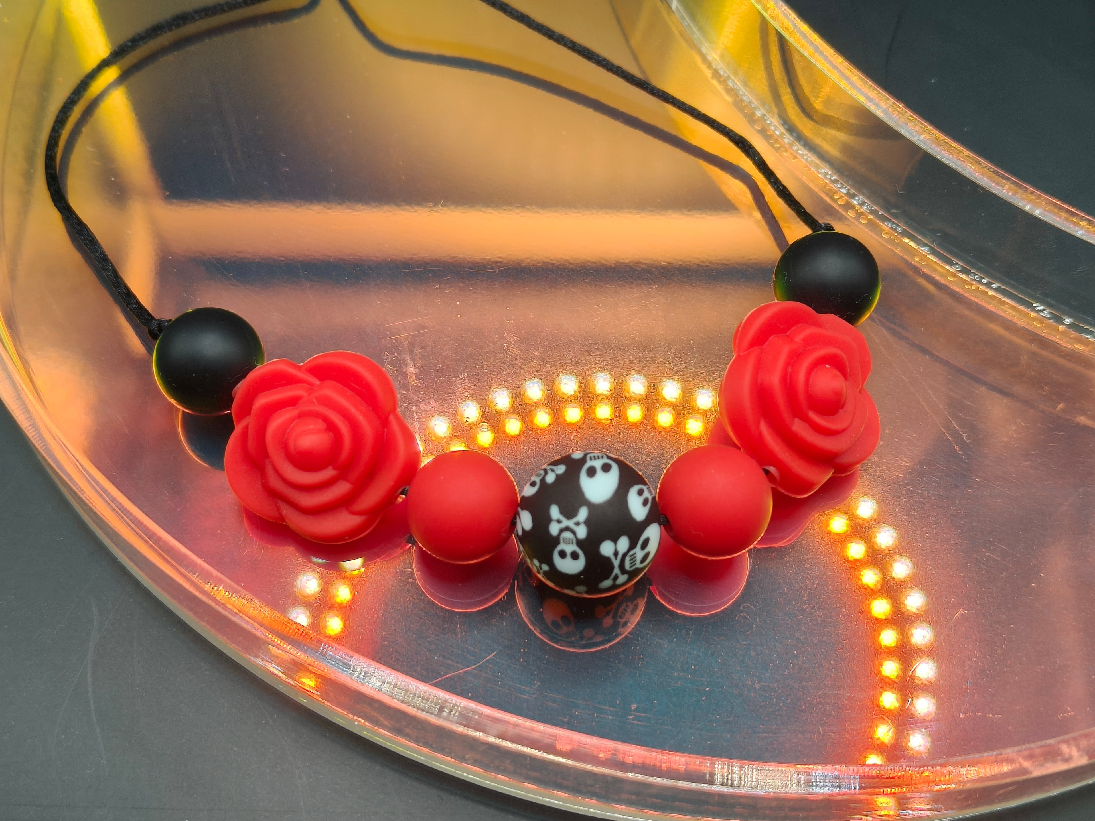 Handmade Silicone Beaded Necklace - Chewelry -Red Rose Flower