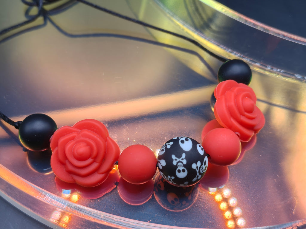 Handmade Silicone Beaded Necklace - Chewelry -Red Rose Flower