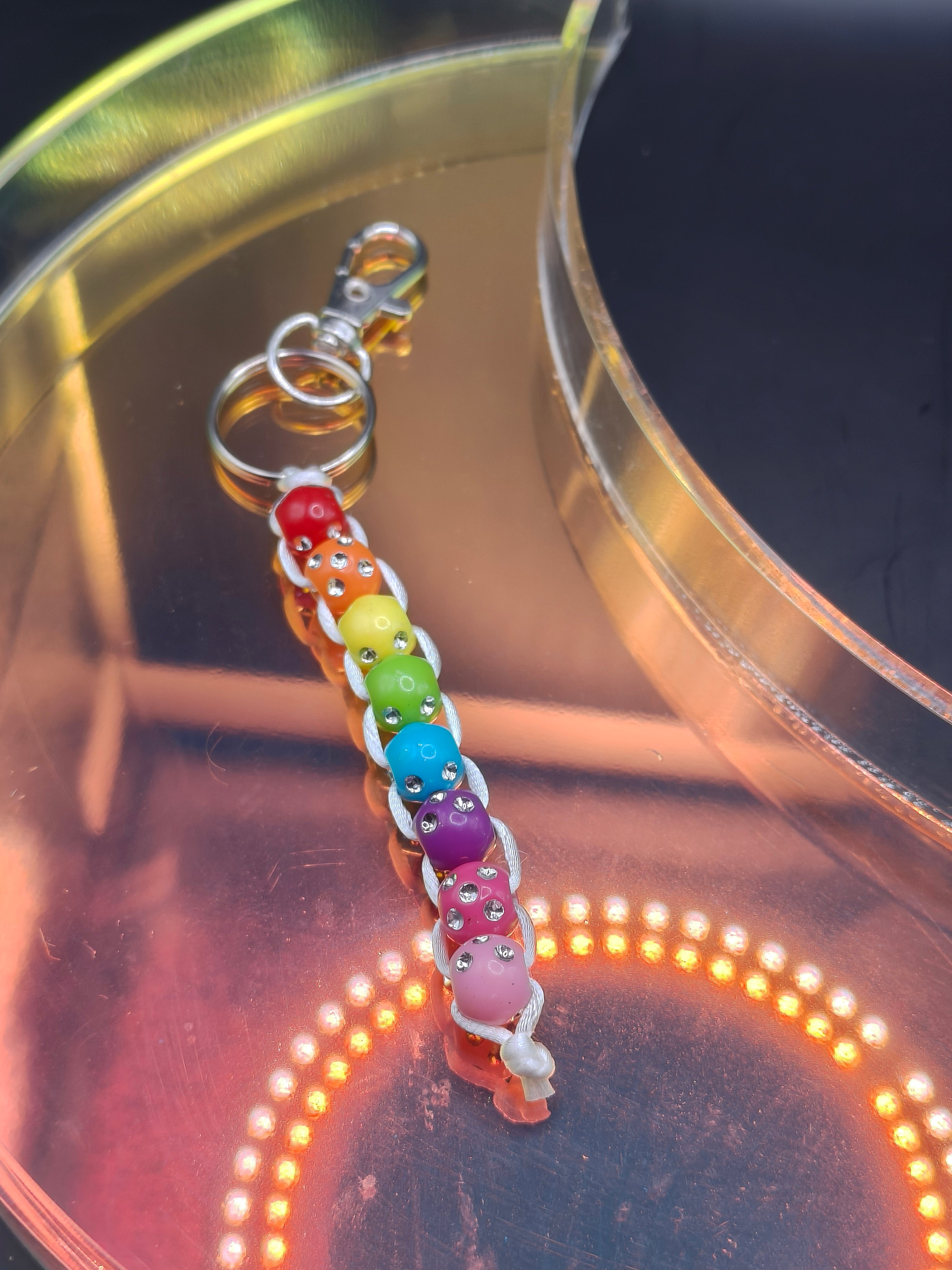 Spinning Beaded Fidget Keychain - Rainbow Sparkle White