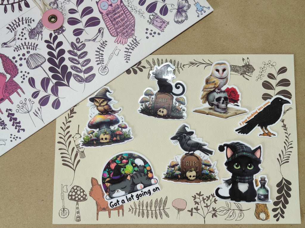 Vinyl Gothic Sticker Set - Cute witchy animals - Cats, Owls, Crows - Matte Laminated Stickers - Handmade - Water resistant
