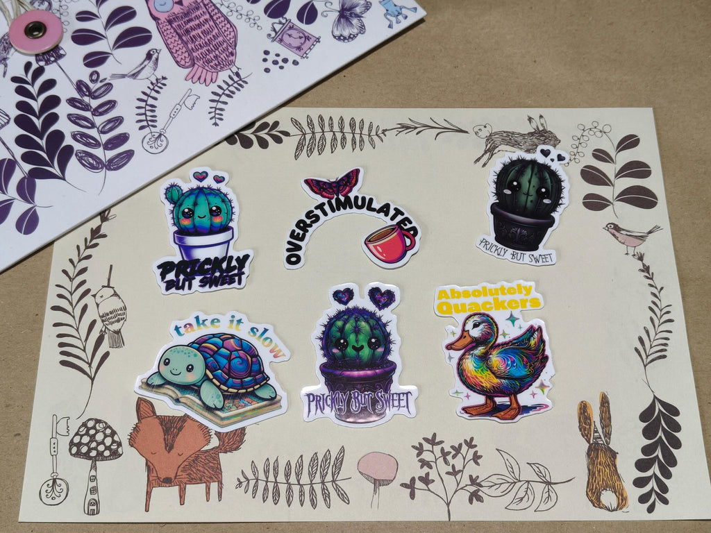 Vinyl Colourful Sticker Set - Plants and animals -Psychedelic duck, turtle, moth - Matte Laminated Stickers - Handmade - Water resistant