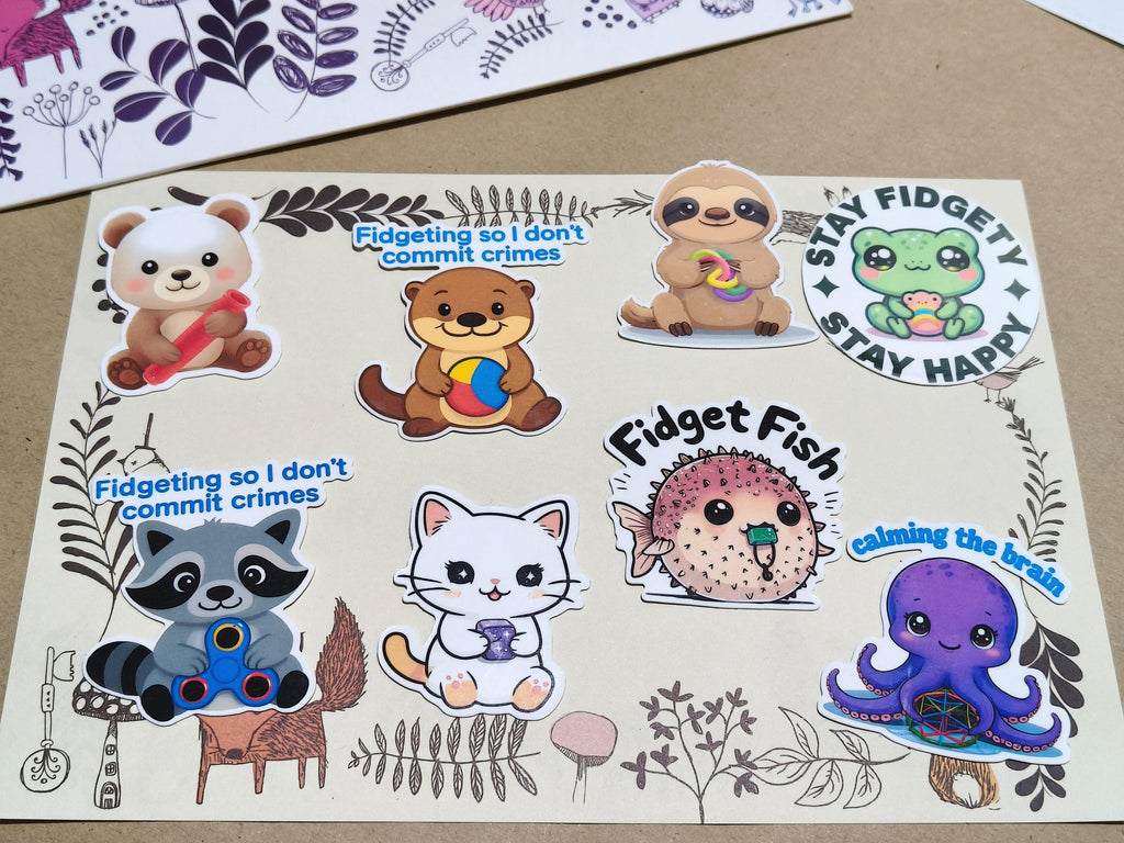 Vinyl Colourful Sticker Set - Fidget animals - Raccoon, otter, frog, cat, fish etc - Matte Laminated Stickers - Handmade - Water resistant