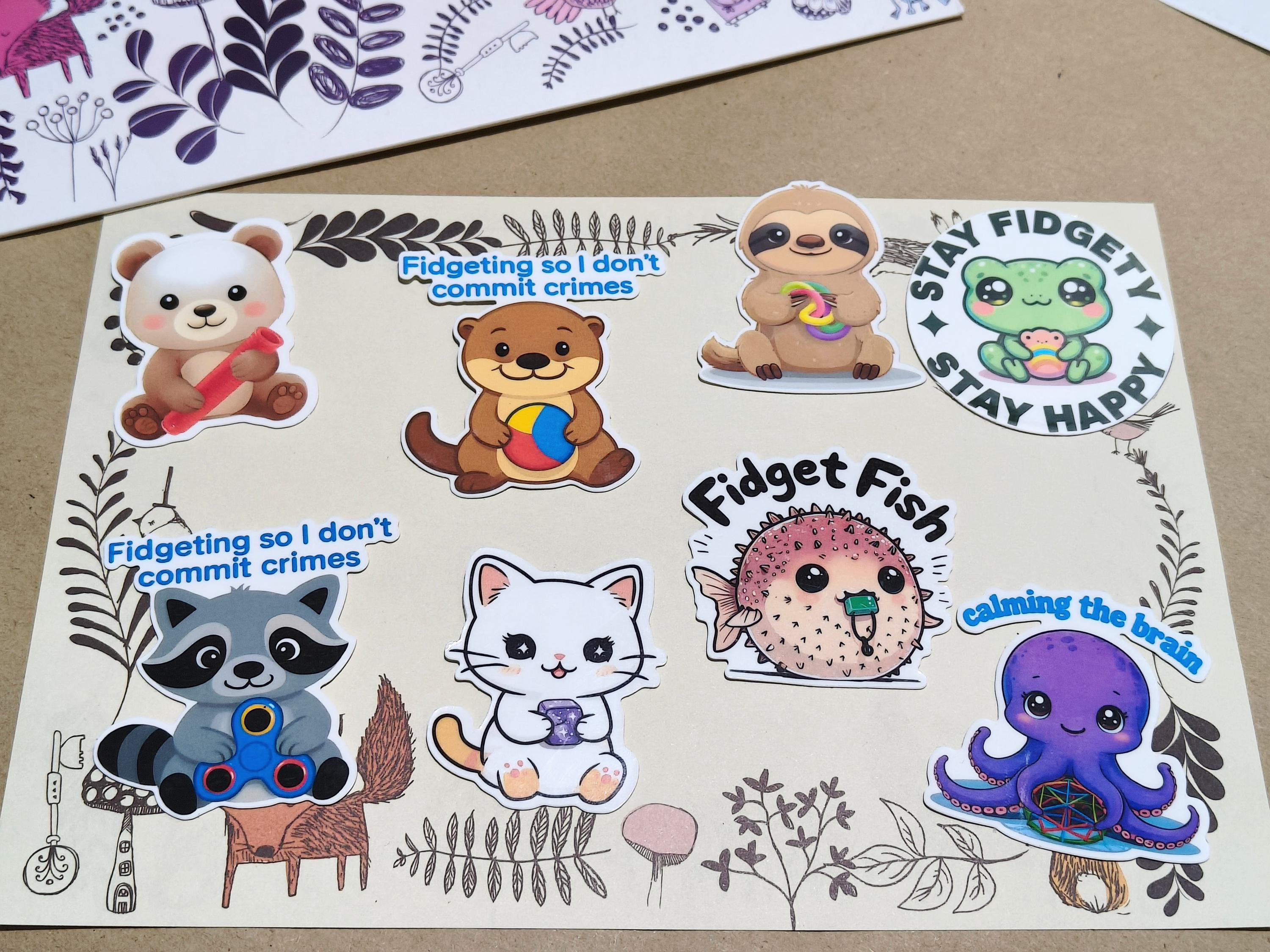 Vinyl Colourful Sticker Set - Fidget animals - Raccoon, otter, frog, cat, fish etc - Matte Laminated Stickers - Handmade - Water resistant